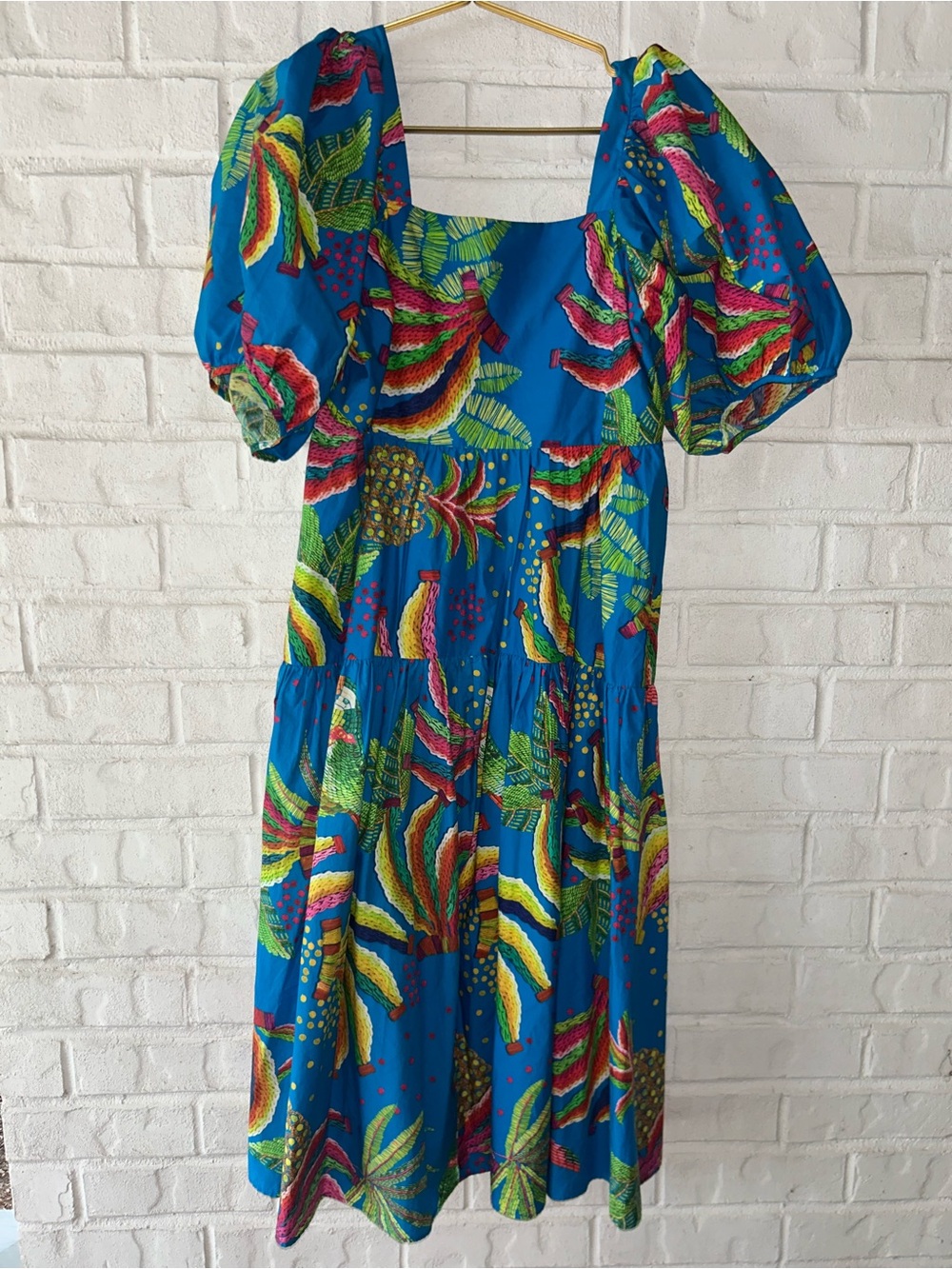 Farm Rio Blue Bananas Tropical Blue Puff Sleeve Midi Dress | M - Picture 4 of 5